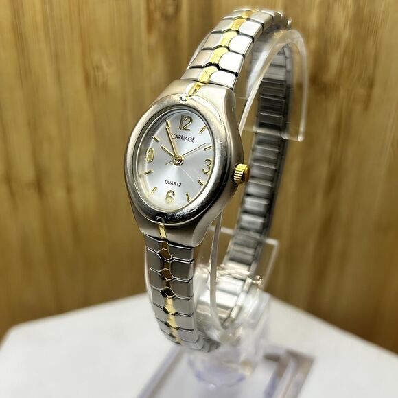 Carriage Ladies Quartz Watch 21mm Oval Silver/Gold Tone Stretch Band - Picture 1 of 5